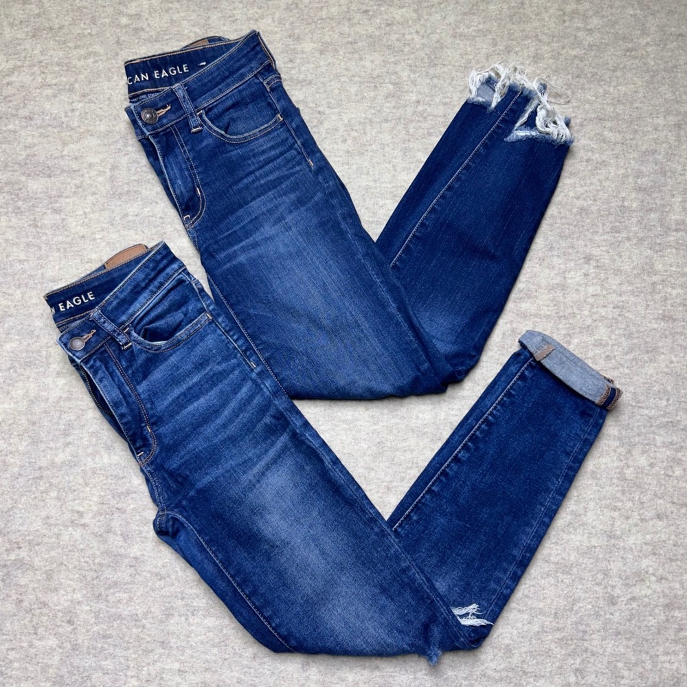 2 Pair American Eagle‎ Hi-Rise Jegging Jeans Size 00 Dark Wash Distressed Bundle